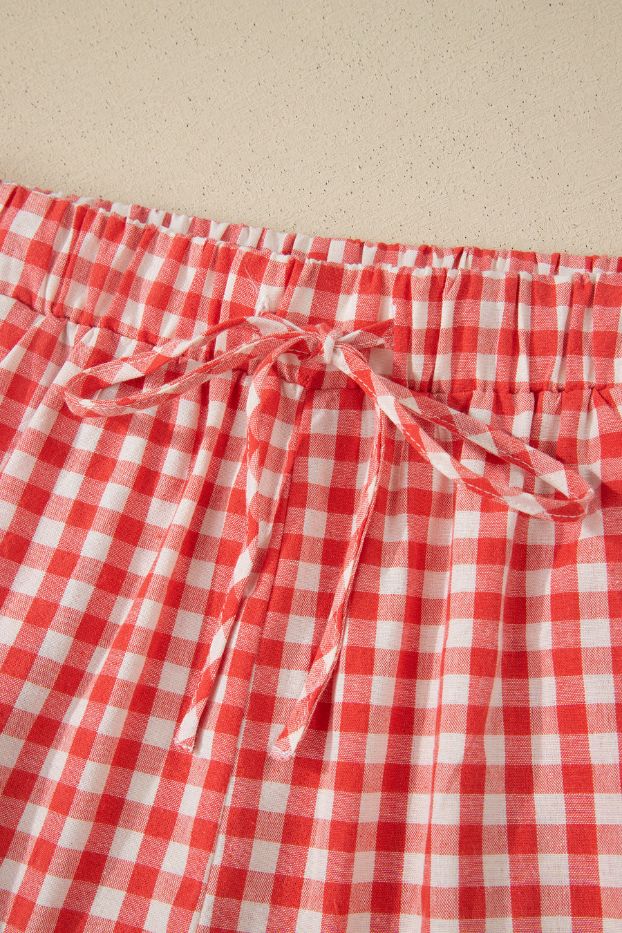 Red Gingham Lace Trim Elastic Waist Shorts