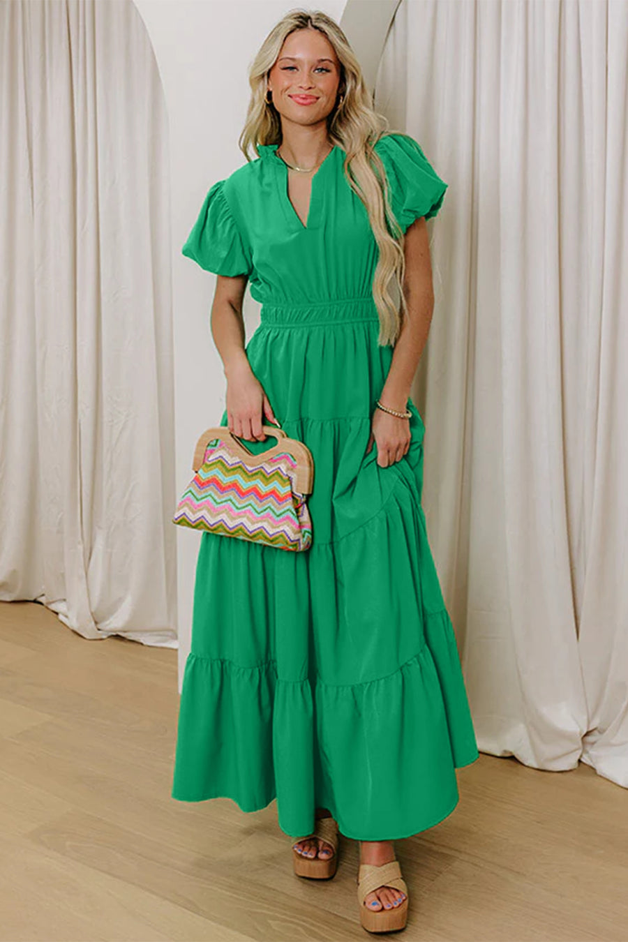 V-Neck Puff Sleeve High-Waist Tiered Maxi Dress- 3 Colors