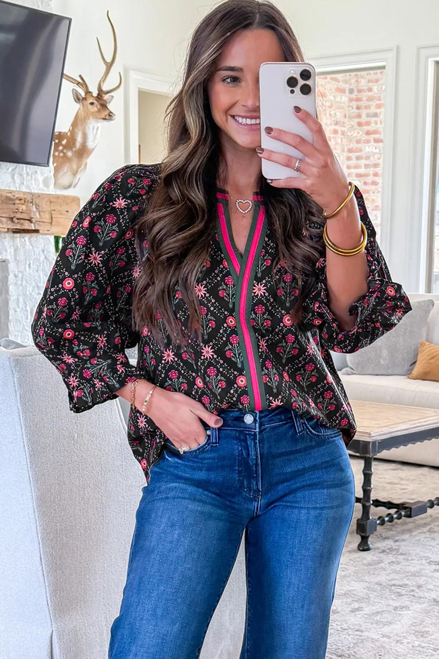 Black Floral Contrast Trim V-Neck Lantern Sleeve Blouse