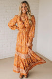 Orange Bohemian Floral Print Smocked Waist Long Sleeve Maxi Dress