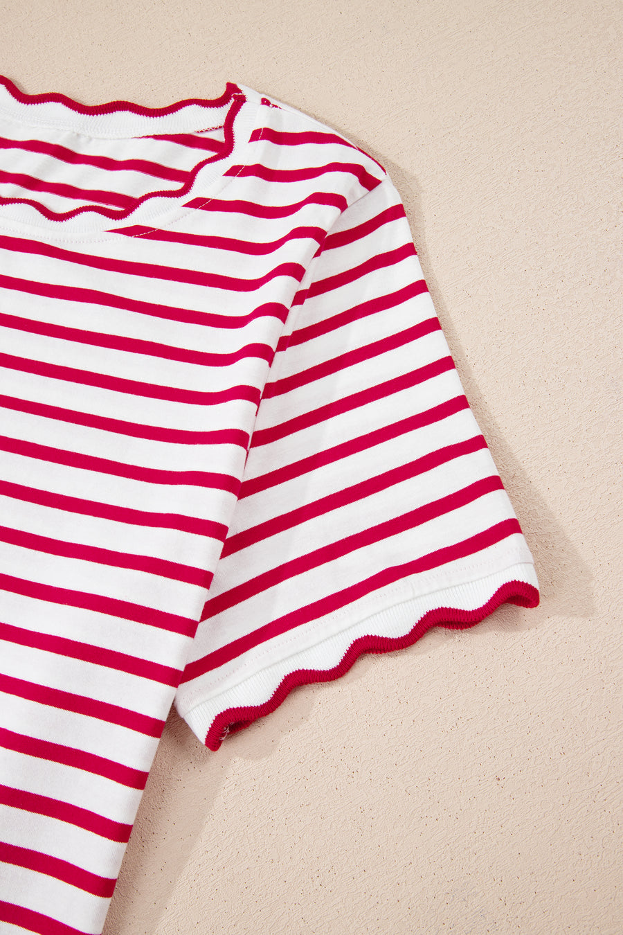 Striped Scalloped Trim Crew Neck Short Sleeve T-Shirt- 5 Colors