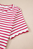 Striped Scalloped Trim Crew Neck Short Sleeve T-Shirt- 5 Colors