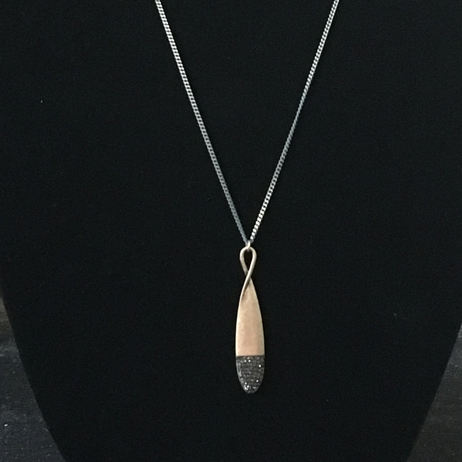 Burnished Gold Tone Necklace with Teardrop Rhinestone Pendant- Black Diamond