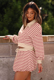 Red Stripe Cropped Collared Sweatshirt and Bubble Mini Skirt Set
