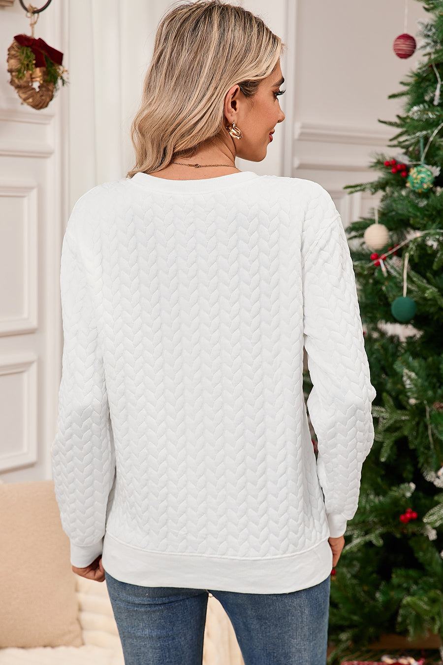 White Chenille Letter Patch Quilted Sweatshirt- 2 Styles