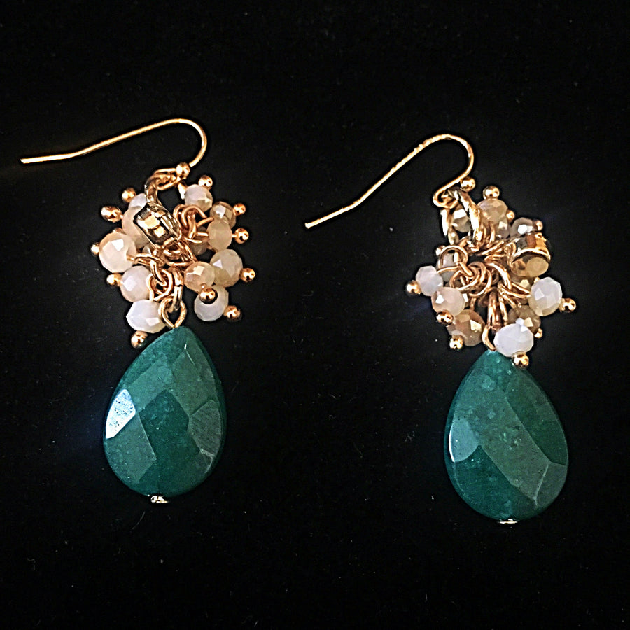 Gold Tone Beaded Teardop Earrings- Hunter Green