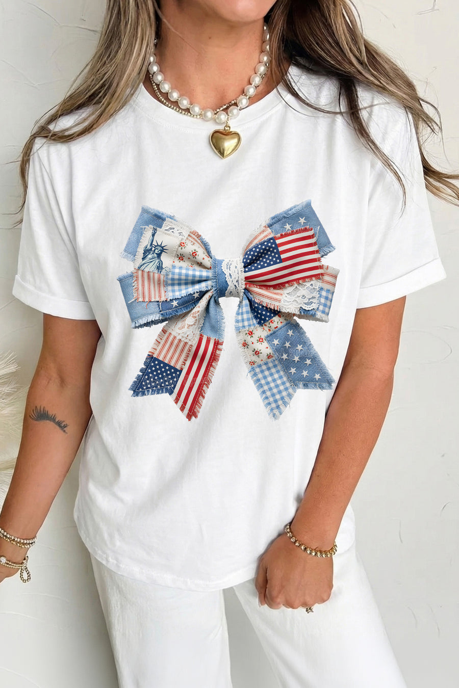 White Faux Patchwork American Bow Graphic T-Shirt