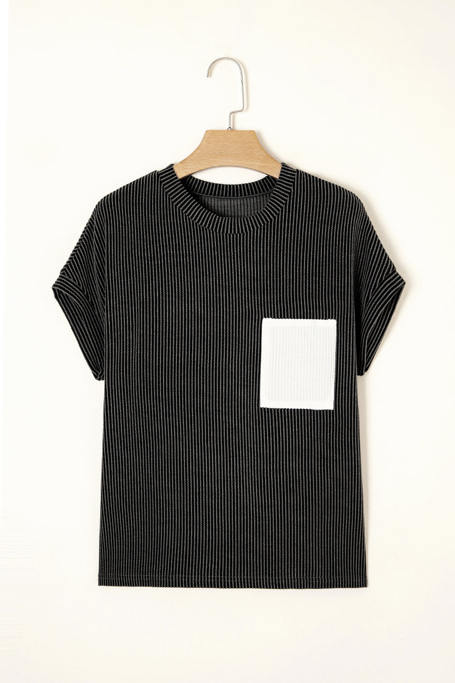 Twist Ribbed Color Block Pocket Crew Neck T-Shirt- 4 Colors