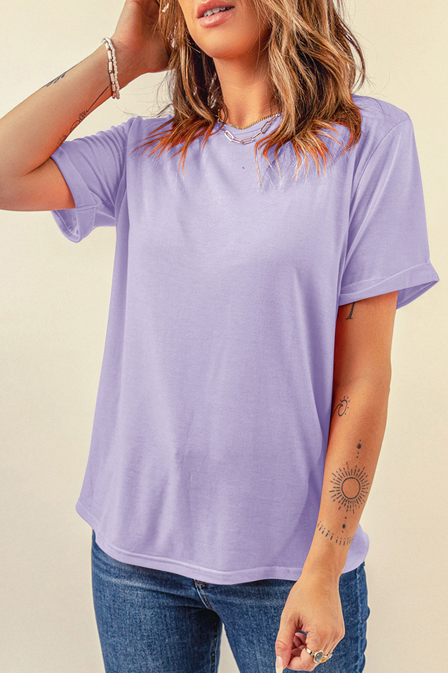 Basic Crew Neck Rolled Sleeve T-Shirt- 12 Colors