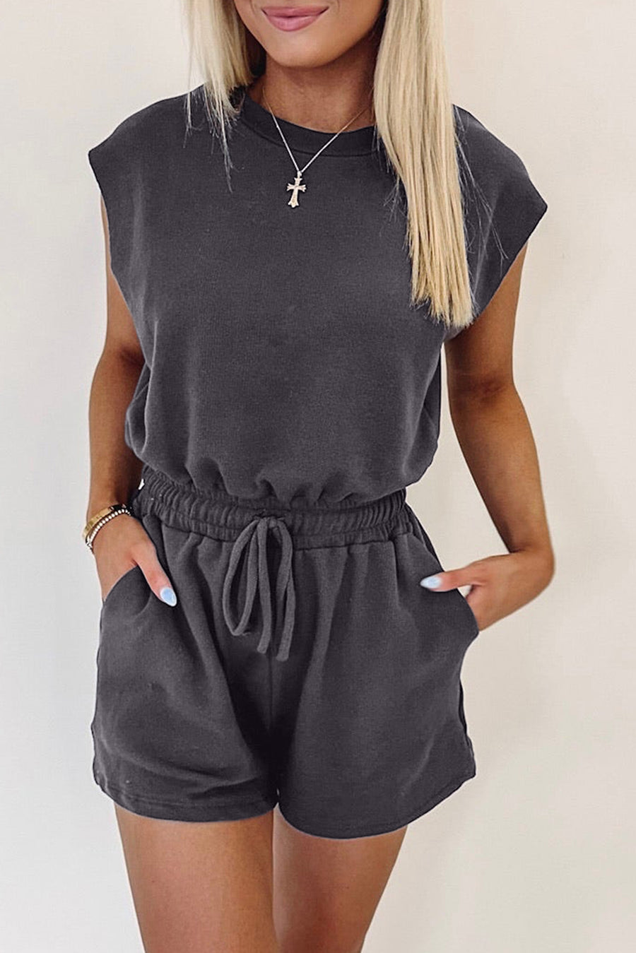 Cut-Out Back Drawstring Knit Romper- 2 Colors