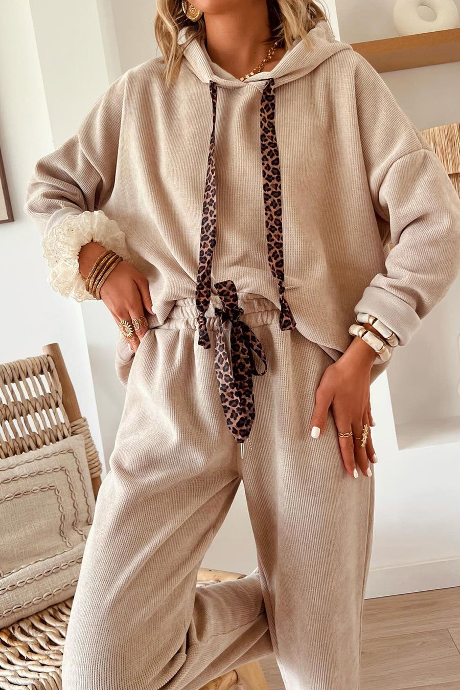 Contrast Drawstring Hoodie and High Waist Pants Corduroy Set- 5 Colors