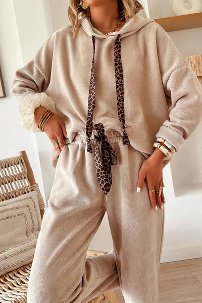 Dark Khaki Drawstring Pullover Hoodie and High Waist Pants Corduroy Suit