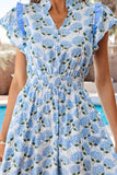 Sky Blue Hydrangea Floral Print Ruffle Trim Flutter Sleeve Long Dress