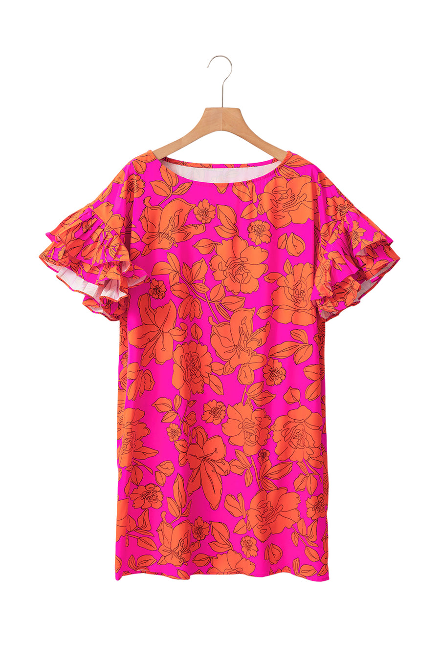Neon Pink and Orange Floral Ruffle Sleeve Mini Dress