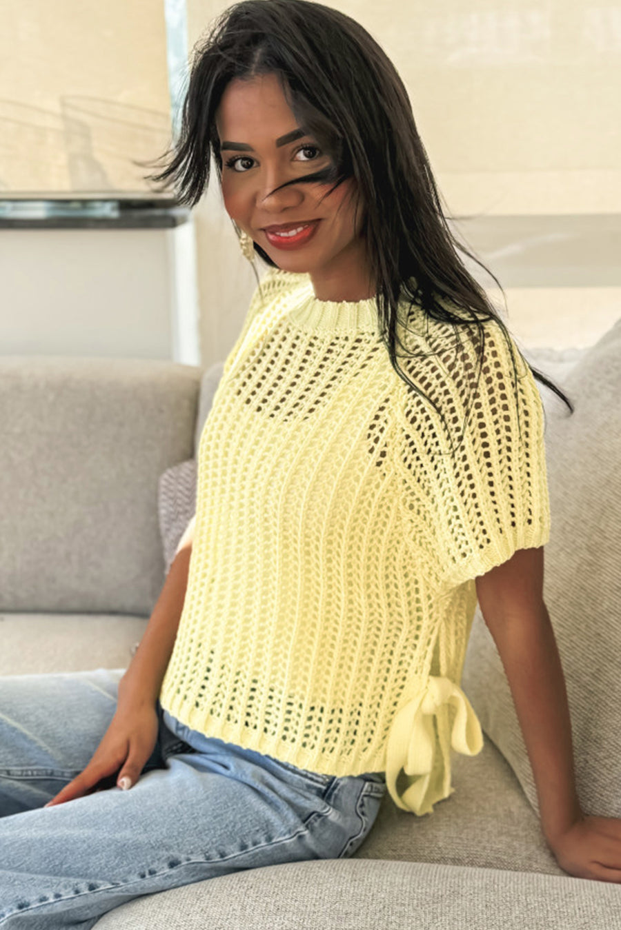 Side Tie Crochet Knit Short Sleeve Sweater- 2 Colors