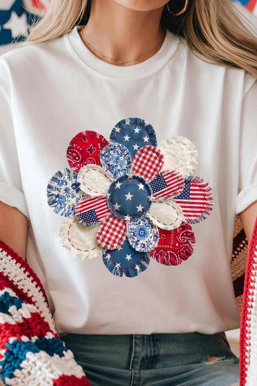 White Faux Patchwork American Flower Graphic T-Shirt