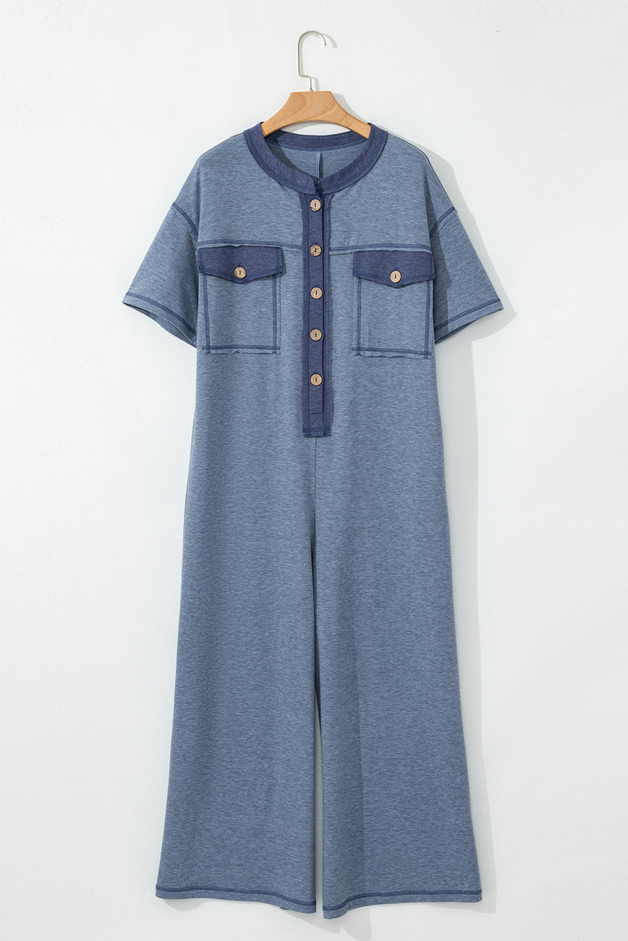 Button-Up Patchwork Pocket Short Sleeve Jumpsuit