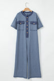 Button-Up Patchwork Pocket Short Sleeve Jumpsuit
