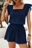Textured Ruffle Blouse and Shirred High-Waist Shorts Set- 5 Colors