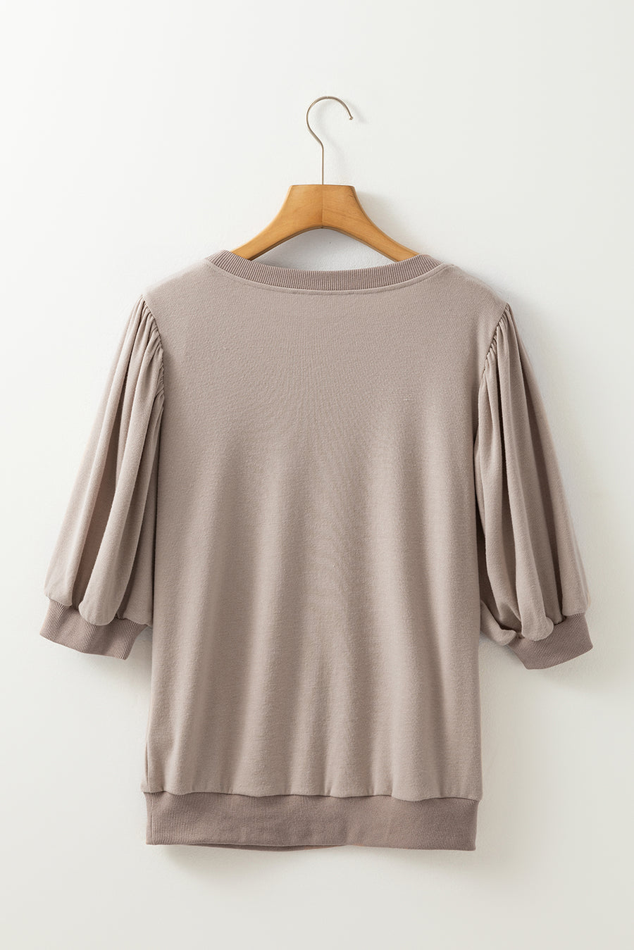 Mocha Bishop Sleeve Contrast Trim Crew Neck Blouse