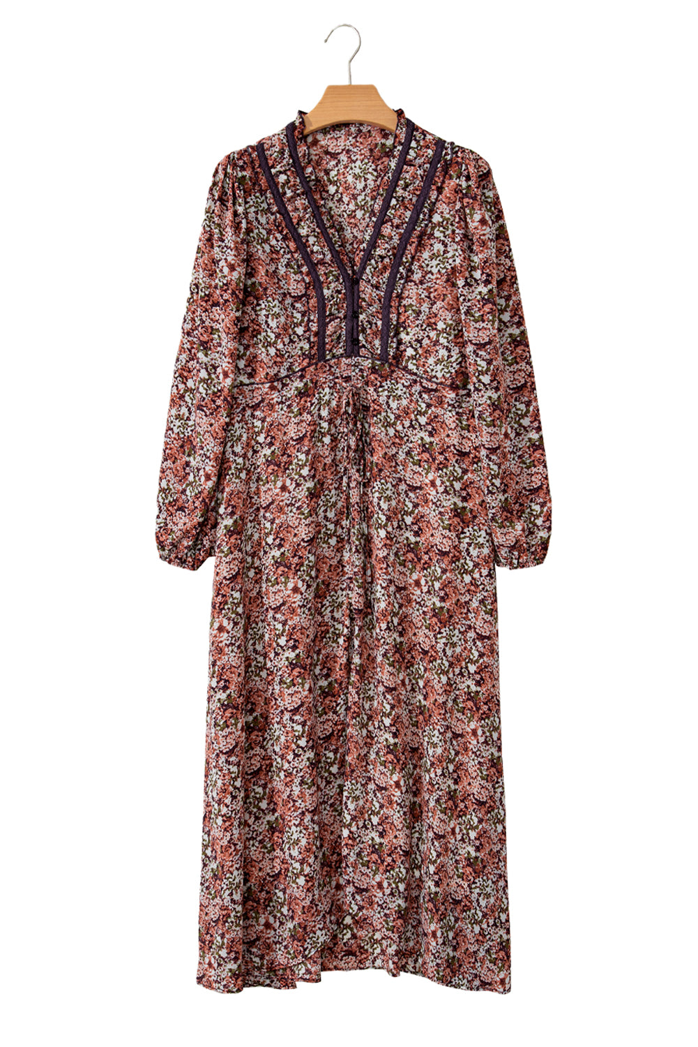 Brown Floral Print Frill V Neck Split Midi Dress