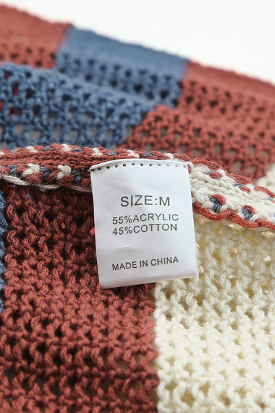 Dark Blue Color Block Striped Cut Out Knit Cardigan