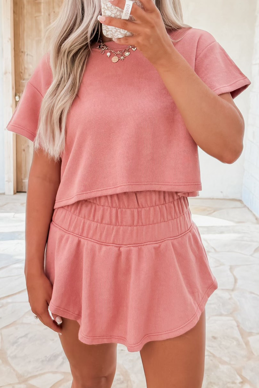 Cropped Tee and Curved Hem High Waist Skort Set- 2 Colors