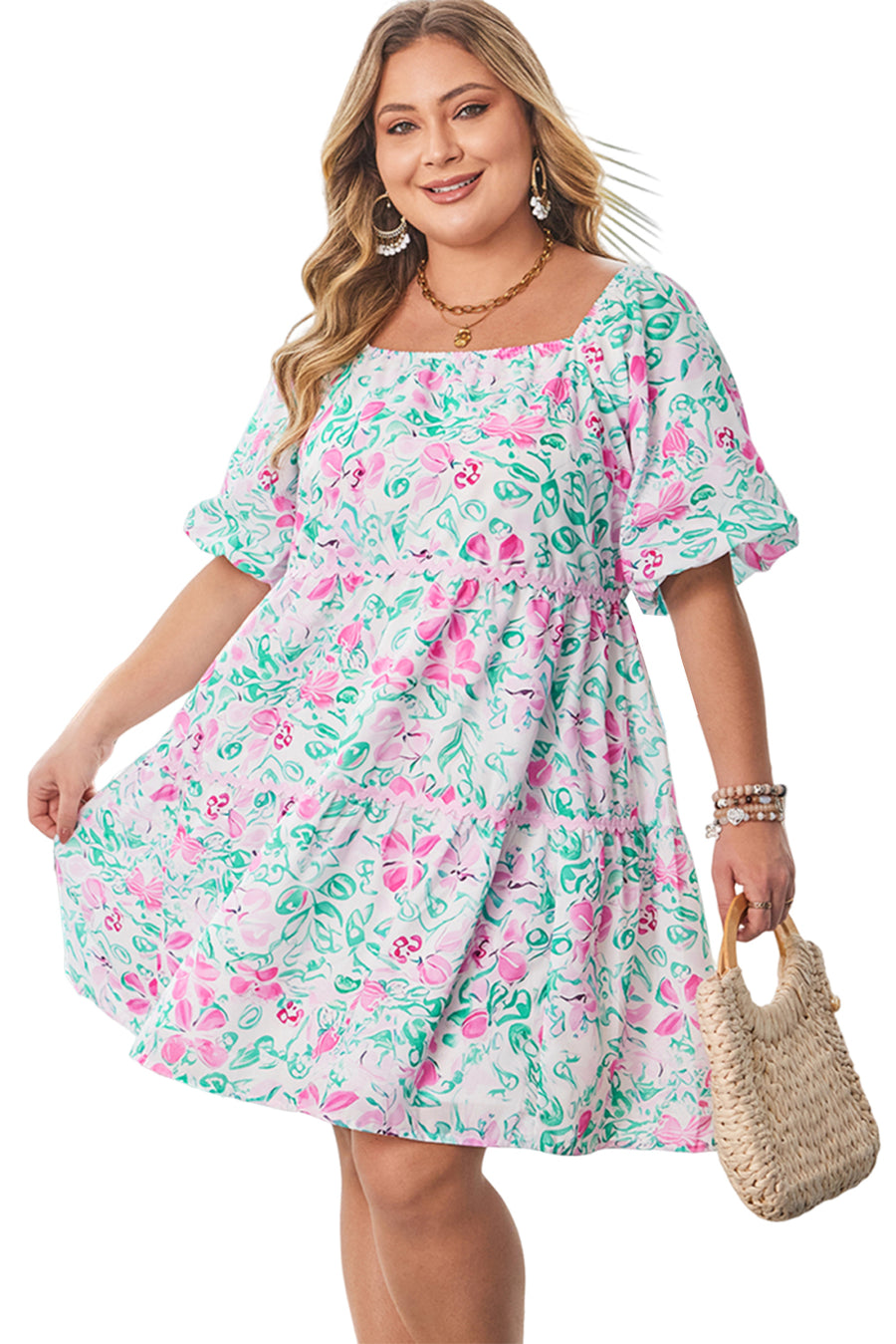 Plus Size White Floral Print Ricrac Trim Square Neck Mini Dress
