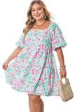 Plus Size White Floral Print Ricrac Trim Square Neck Mini Dress