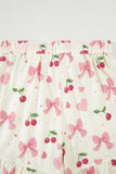 Bow Print Button-Up V-Neck Short Sleeve Top and Ruffle Hem Shorts Pajama Set- 2 Styles
