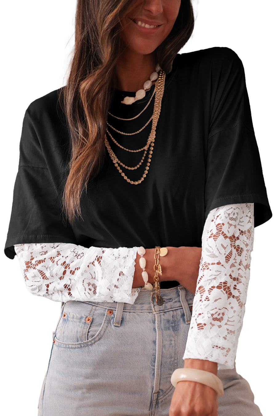 Lace Long Sleeve Drop Shoulder T-Shirt- 2 Colors