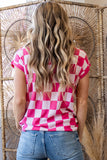 Fuchsia Checkered Pattern Cap Sleeve Knit Top