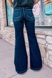 Dark Blue High Rise Ripped Raw Hem Bell Bottom Jeans