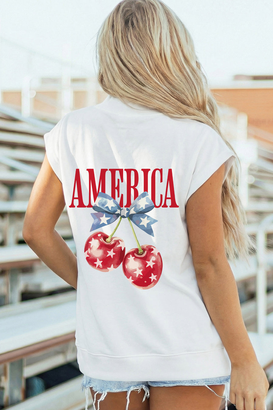 White Mock Neck Short Sleeve American Print Cherries Graphic T-Shirt