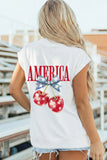 White Mock Neck Short Sleeve American Print Cherries Graphic T-Shirt