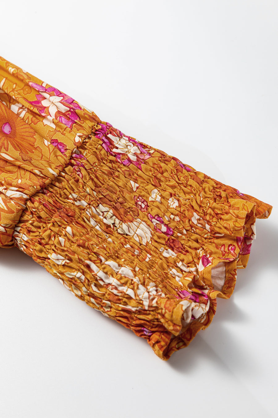 Orange Bohemian Floral Print Smocked Waist Long Sleeve Maxi Dress