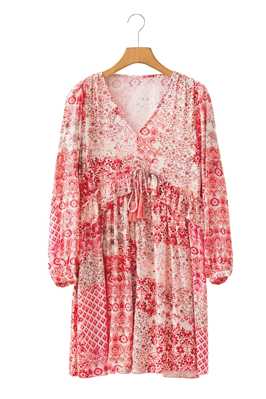Pink Bohemian Floral Print Tassel Tie Long Sleeve Flowy Mini Dress