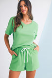 V-Neck Drop Shoulder T-Shirt and Patchwork Shorts Set- 3 Colors