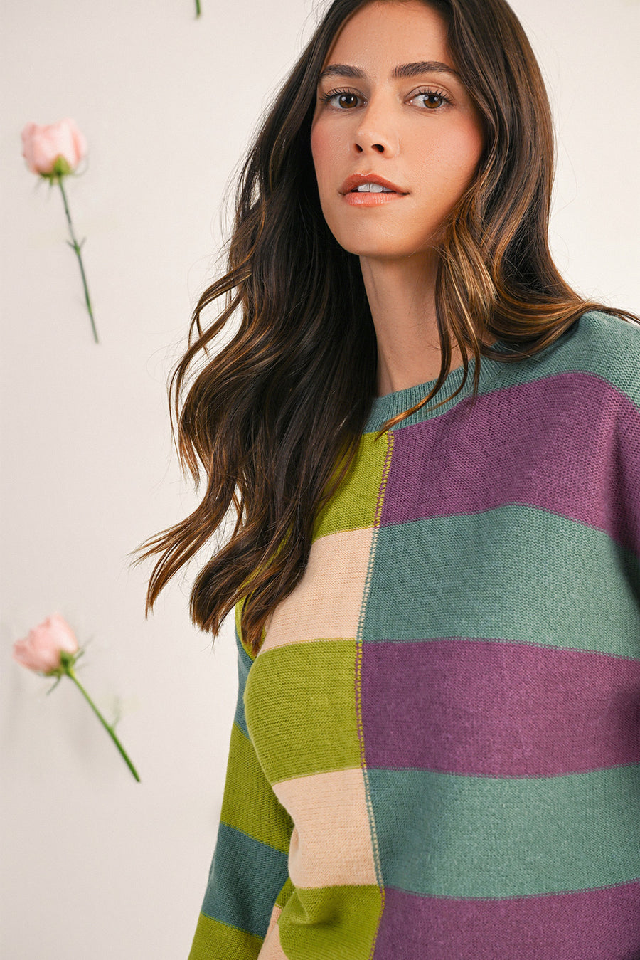 Striped Color Block Drop Shoulder Front Seam Sweater
