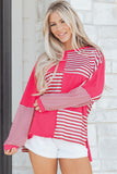 Pink Stripe Color Block Patchwork Drop Shoulder Long Sleeve High-Low Top