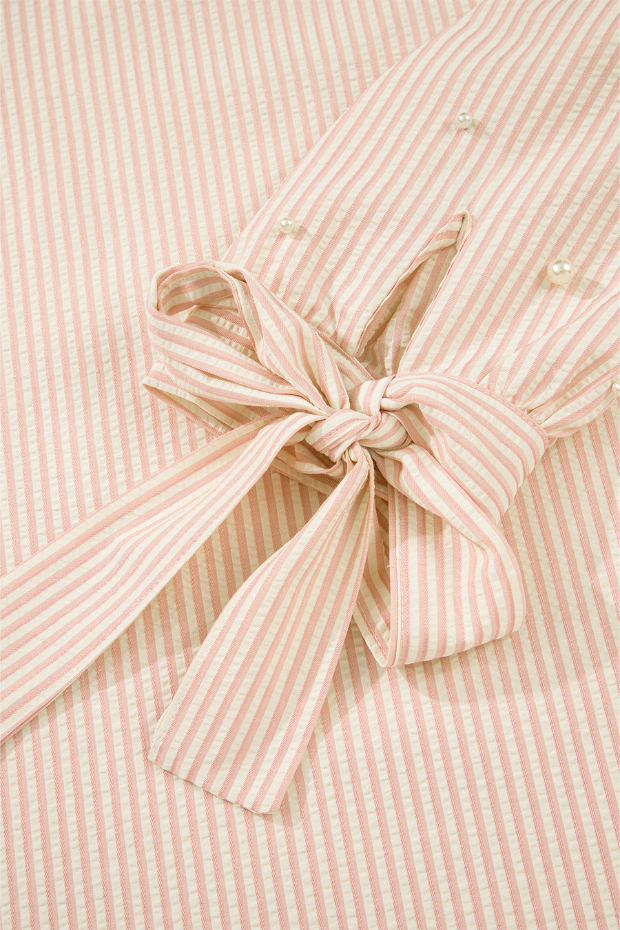 Pink Striped Pearl Beaded Bow Cuff Blouse