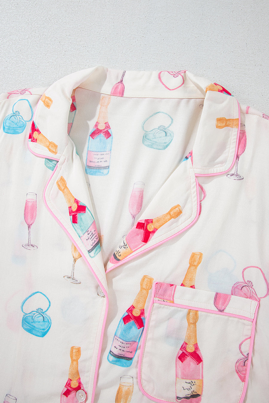 Plus Size White Wine & Heart Print Bow Decor Pajama Set