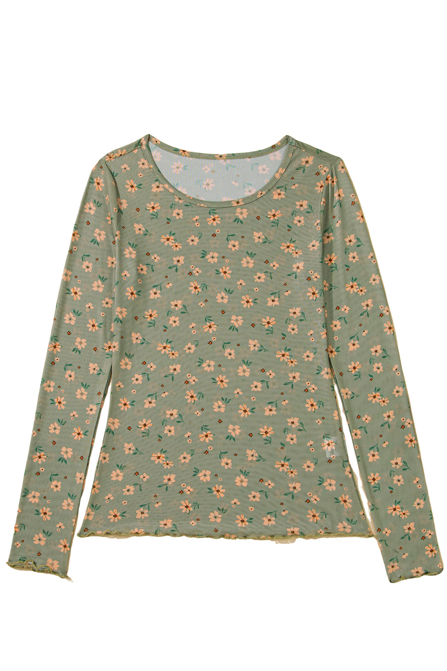 Floral Print Mesh Slim Fit Long Sleeve Blouse- 2 Colors