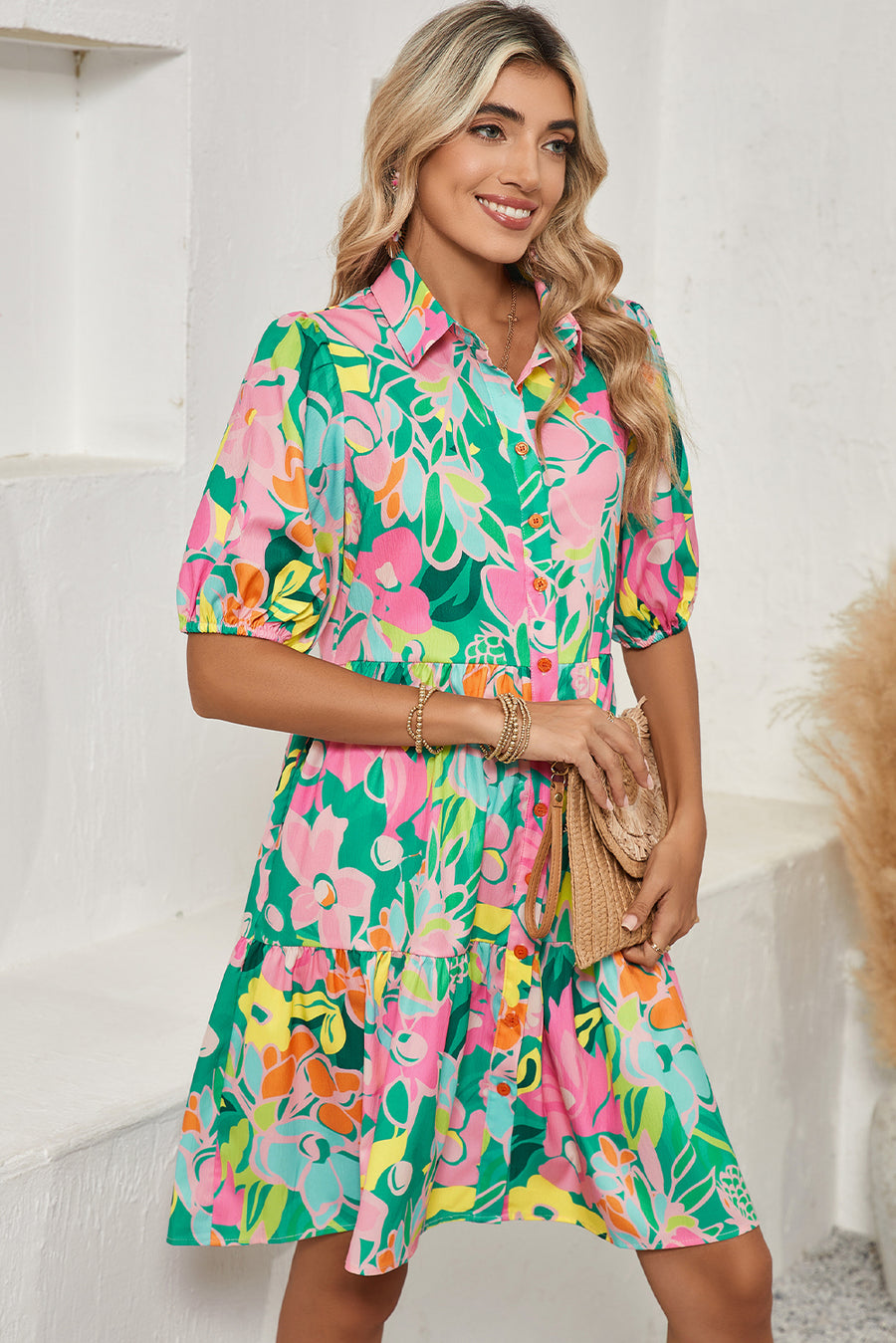 Floral Puff Sleeve Collared Button-Up Babydoll Mini Dress- 2 Colors