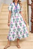 Floral Ruffle Hem Contrast Trim Neckline Midi Dress- 3 Colors