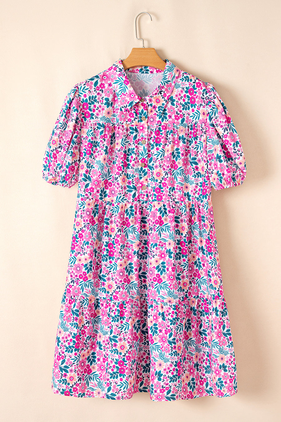 Plus Size Pink Multi Floral Button-Up Puff Sleeve A-Line Mini Dress