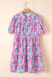 Plus Size Pink Multi Floral Button-Up Puff Sleeve A-Line Mini Dress