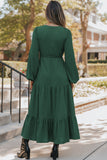 Solid Long Sleeve Button V-Neck Tiered Maxi Dress- 2 Colors
