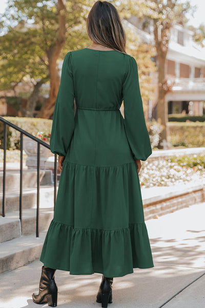 Solid Long Sleeve Button V-Neck Tiered Maxi Dress- 2 Colors