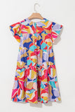 Abstract Print Flutter Sleeve Tiered Mini Dress